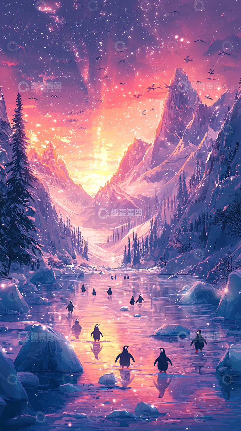 高清大图下载【趣麦麦图】极光下的企鹅冰川奇幻世界