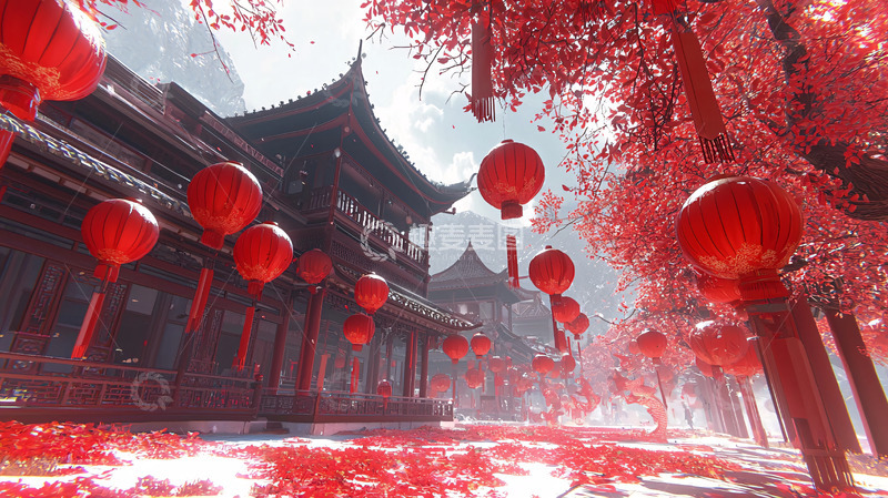 高清大图下载【趣麦麦图】红灯笼古建筑红枫叶