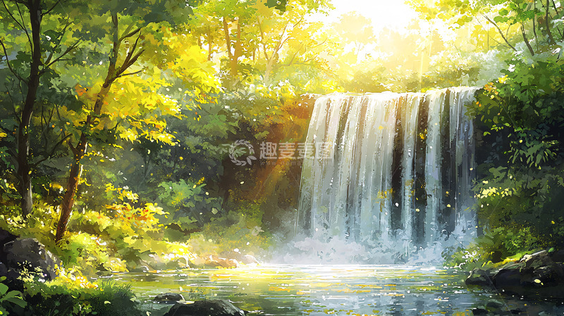 高清大图下载【趣麦麦图】阳光森林瀑布