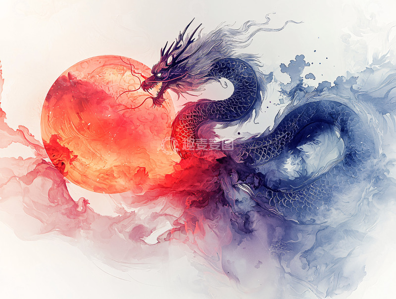 高清大图下载【趣麦麦图】红月下的水墨龙