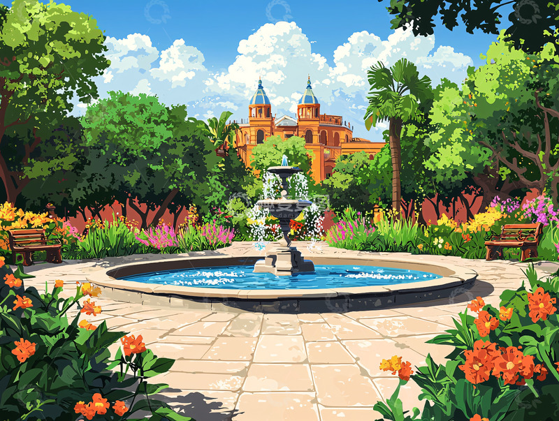 高清大图下载【趣麦麦图】阳光花园喷泉景色