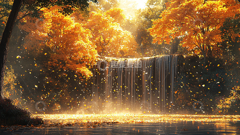 高清大图下载【趣麦麦图】金色秋季森林瀑布