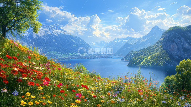 高清大图下载【趣麦麦图】山峦湖泊鲜花盛开
