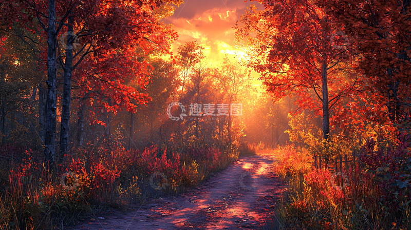 高清大图下载【趣麦麦图】秋日森林小路落日余晖