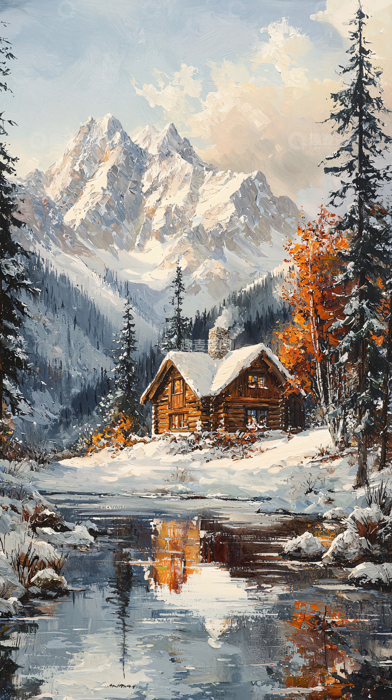 高清大图下载【趣麦麦图】雪山木屋湖泊倒影