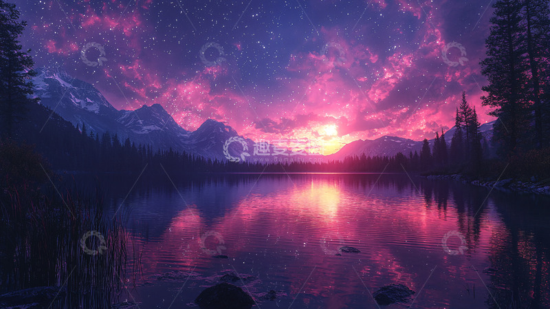 高清大图下载【趣麦麦图】梦幻般粉色日落湖泊