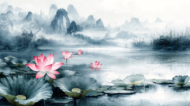 高清大图下载【趣麦麦图】水墨山水荷花