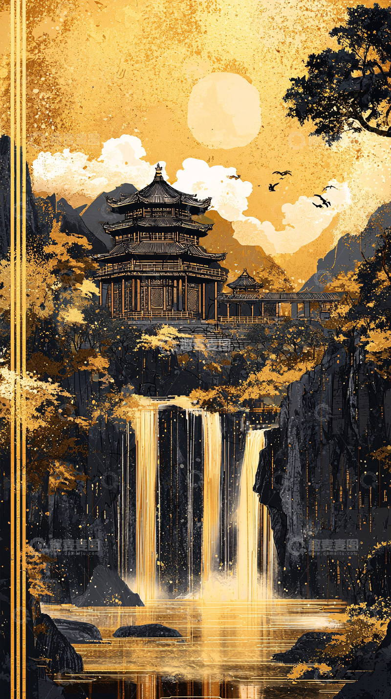 高清大图下载【趣麦麦图】金色瀑布古风建筑