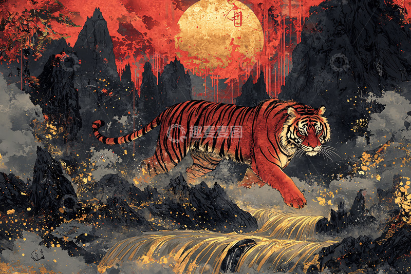 高清大图下载【趣麦麦图】-红日黄月下的奔腾猛虎