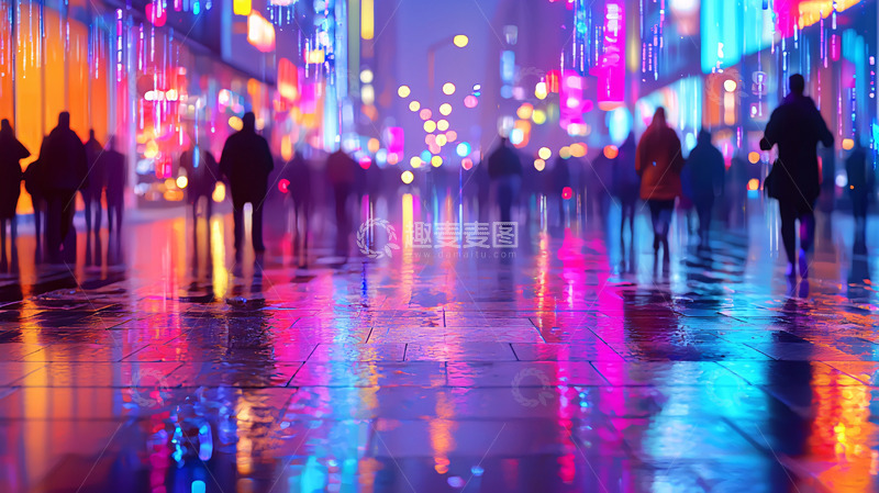 高清大图下载【趣麦麦图】夜间城市街道霓虹灯光人影模糊