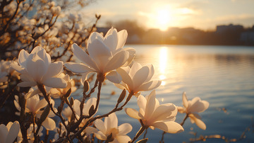 日落时分盛开的玉兰花