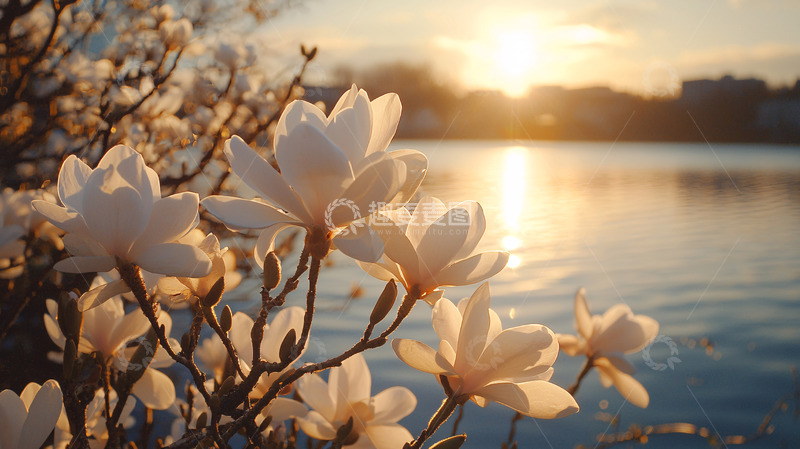 日落时分盛开的玉兰花