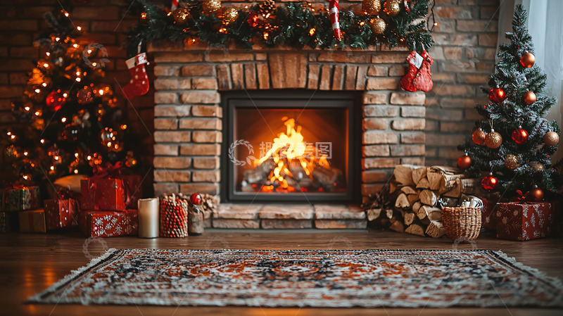 高清大图下载【趣麦麦图】圣诞节壁炉温馨场景