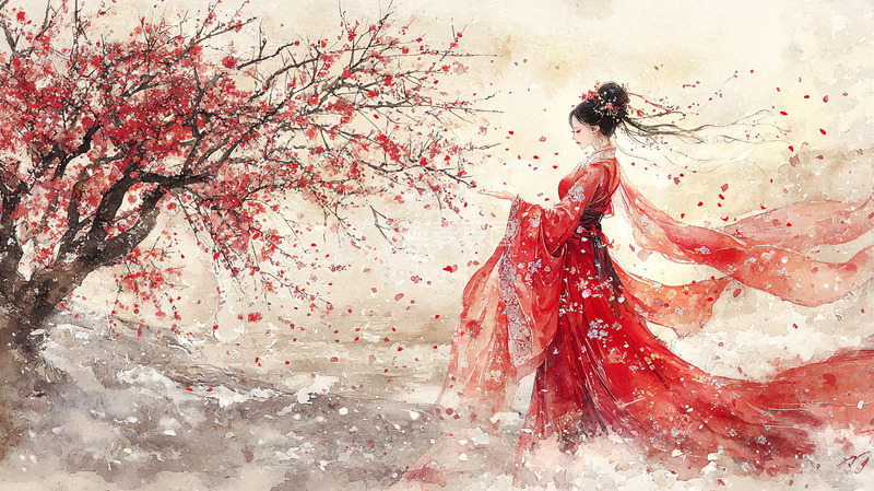 高清大图下载【趣麦麦图】红衣女子树下赏花