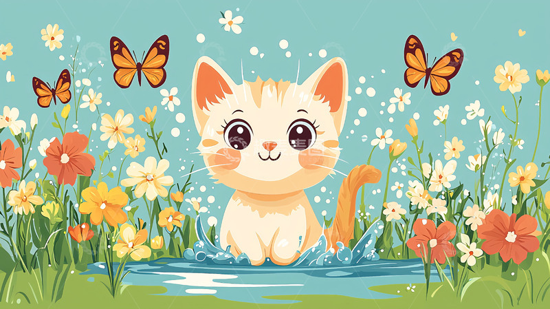 高清大图下载【趣麦麦图】可爱猫咪玩水花