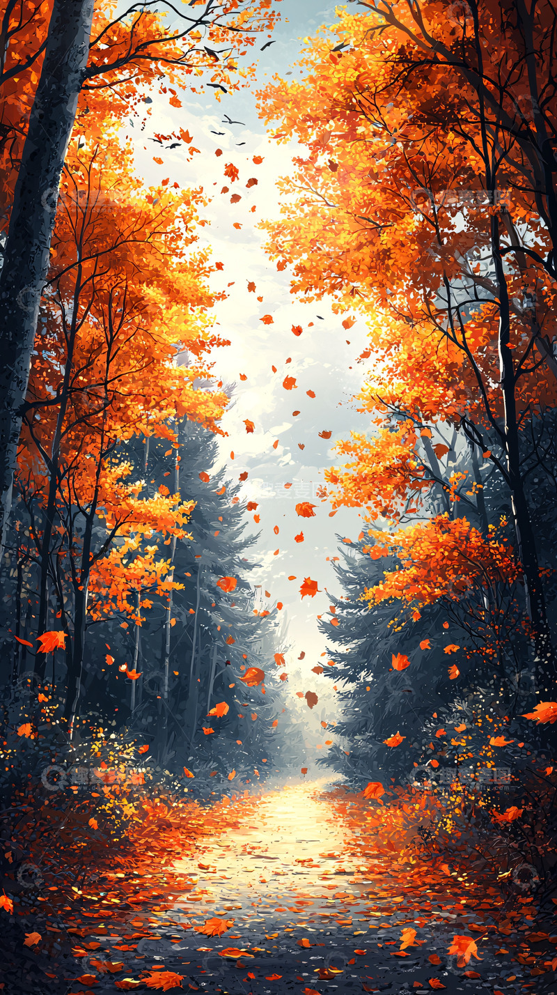 高清大图下载【趣麦麦图】秋日落叶小路美景