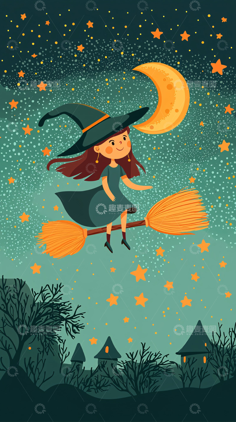 高清大图下载【趣麦麦图】可爱小女巫飞天扫帚