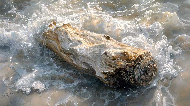 高清大图下载【趣麦麦图】海浪拍打着的漂流木