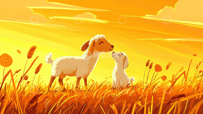 高清大图下载【趣麦麦图】夕阳下羊和狗亲吻