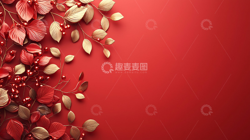 高清大图下载【趣麦麦图】红金色树叶红底背景