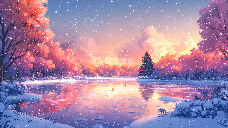 高清大图下载【趣麦麦图】雪景湖畔粉色树木