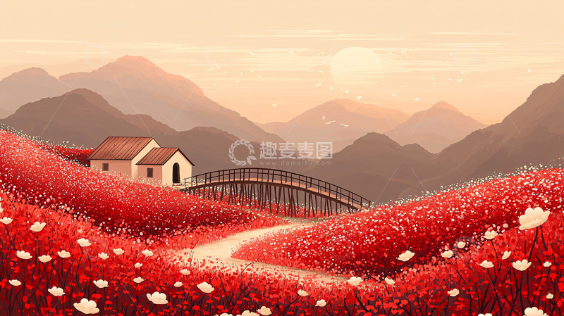 高清大图下载【趣麦麦图】红花田野小桥流水人家