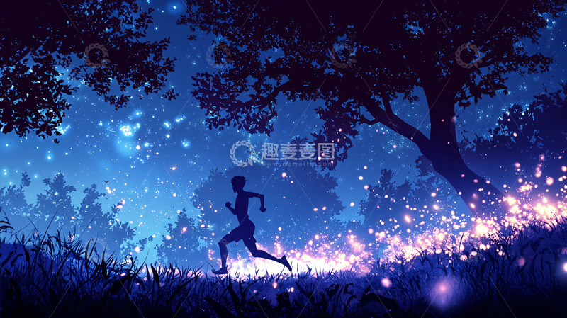 高清大图下载【趣麦麦图】夜晚森林跑步