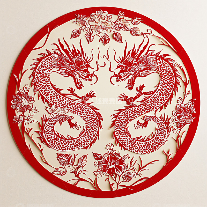 红白双龙图案圆形剪纸