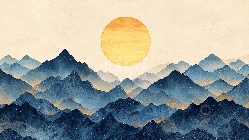 高清大图下载【趣麦麦图】极简水墨风山脉日出图