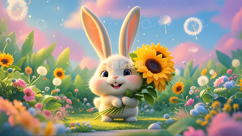 高清大图下载【趣麦麦图】粉蓝渐变色背景下的可爱卡通兔子5