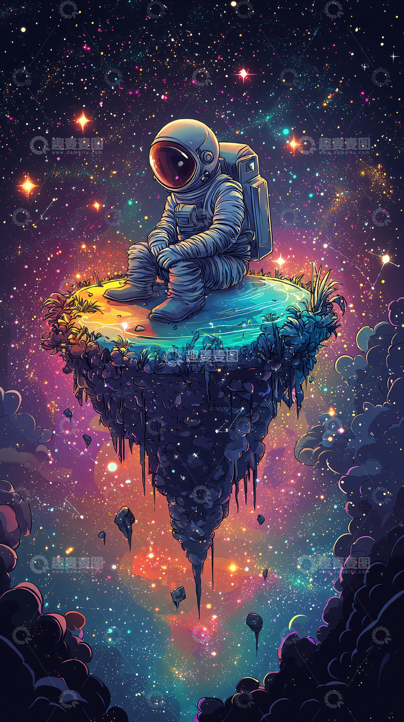 高清大图下载【趣麦麦图】孤独宇航员漂浮岛屿