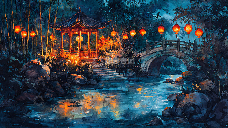 高清大图下载【趣麦麦图】夜晚日式庭院