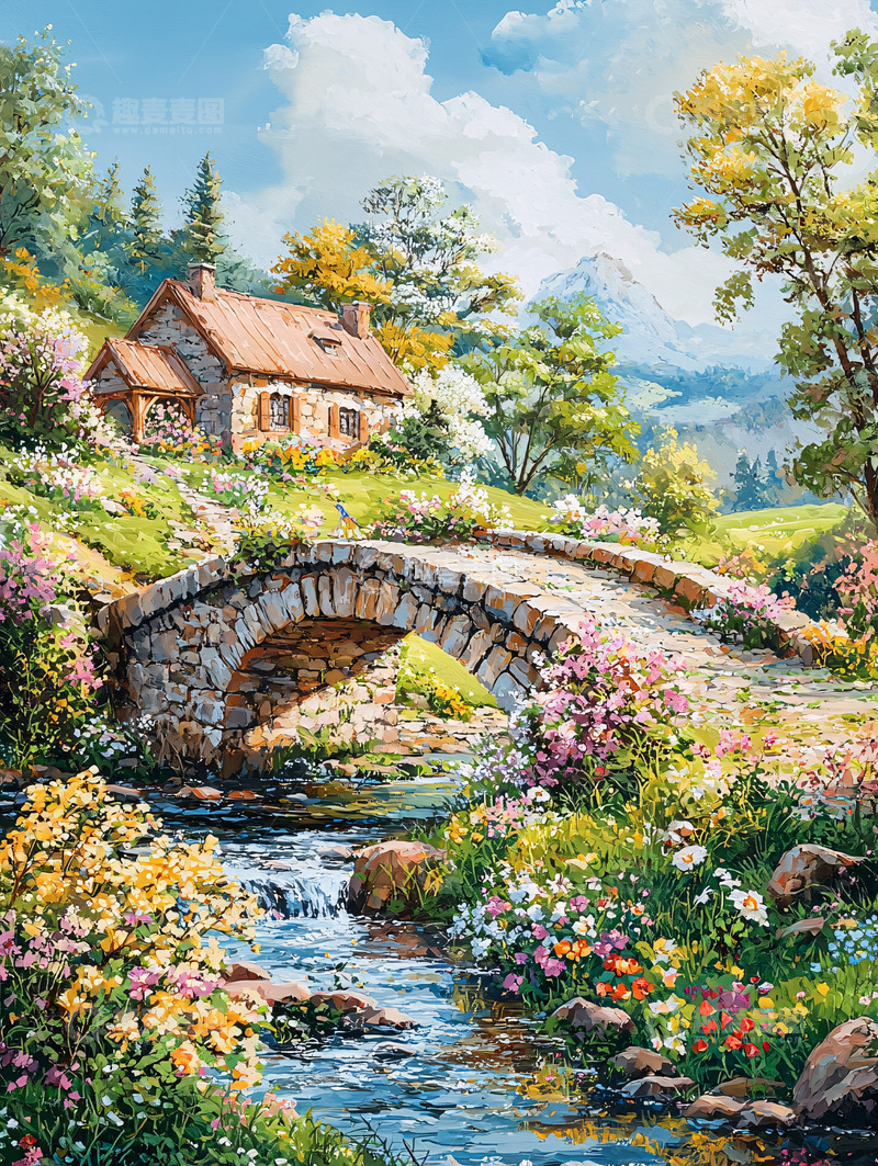 高清大图下载【趣麦麦图】乡村小屋石桥流水鲜花