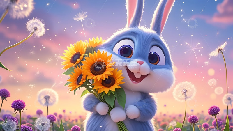 高清大图下载【趣麦麦图】粉蓝渐变色背景下的可爱卡通兔子4