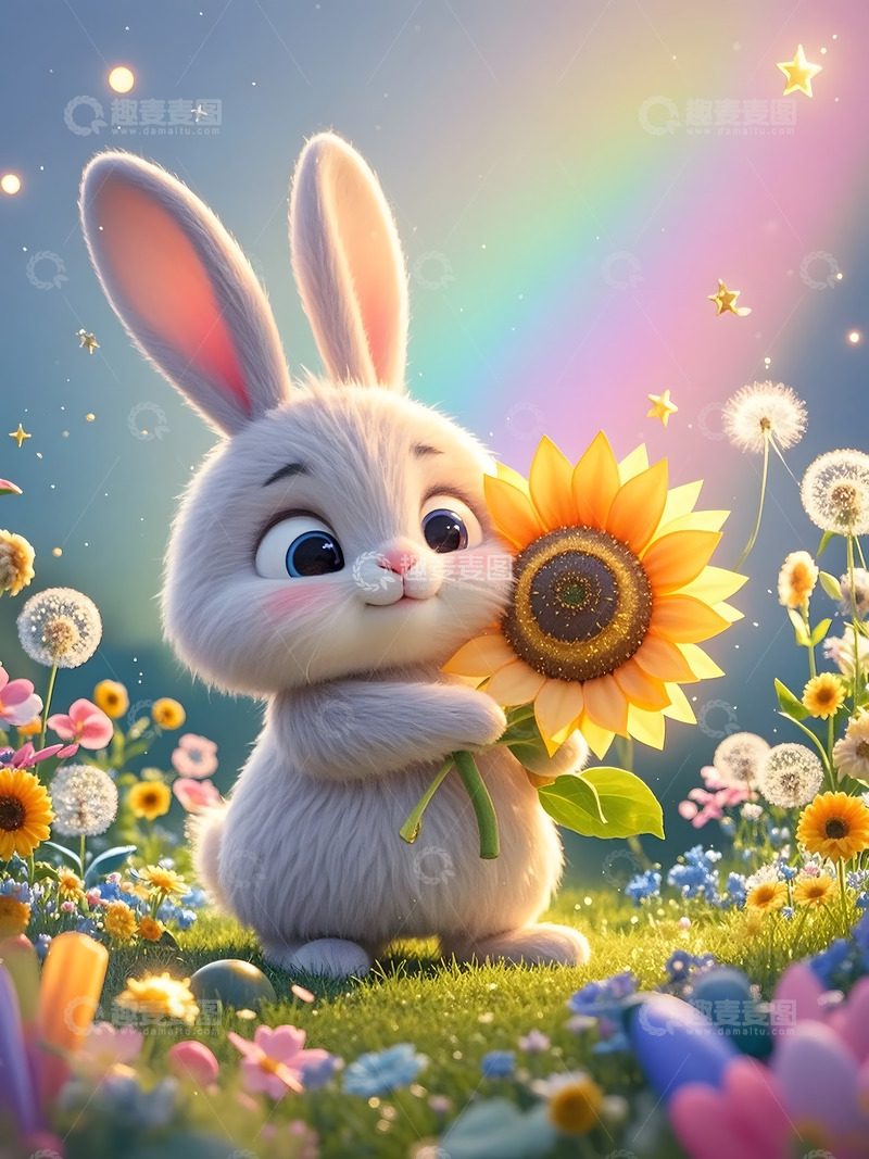 高清大图下载【趣麦麦图】粉蓝渐变色背景下的可爱卡通兔子