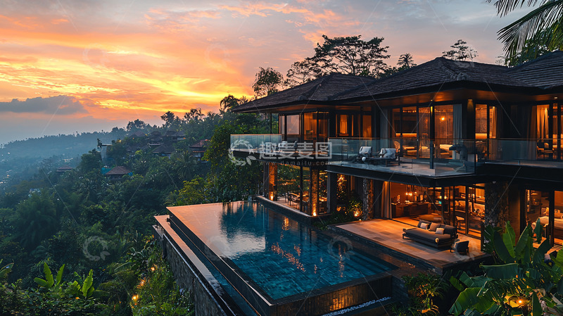高清大图下载【趣麦麦图】山顶别墅落日余晖