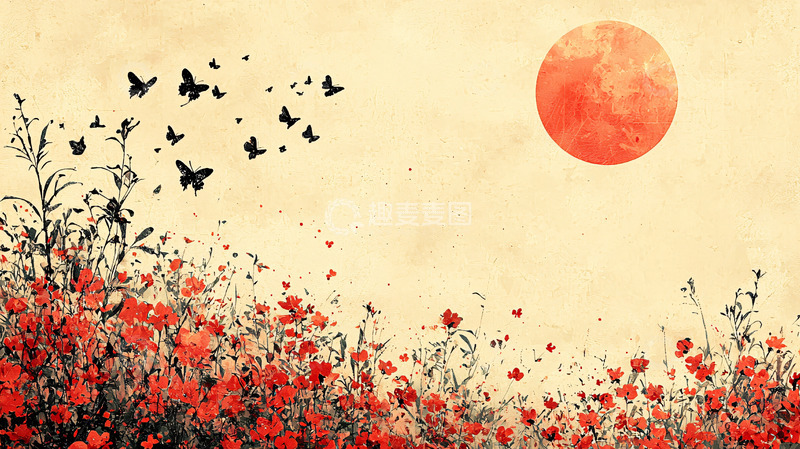 高清大图下载【趣麦麦图】复古红花蝴蝶日落