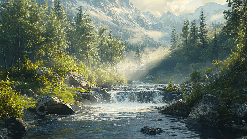 高清大图下载【趣麦麦图】阳光洒在山间溪流