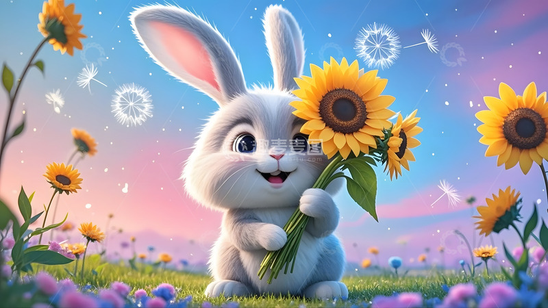 高清大图下载【趣麦麦图】粉蓝渐变色背景下的可爱卡通兔子3