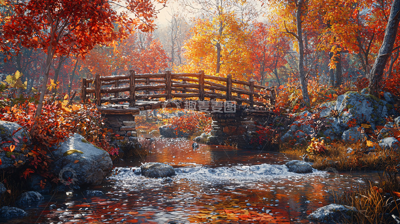 高清大图下载【趣麦麦图】秋日森林小桥流水