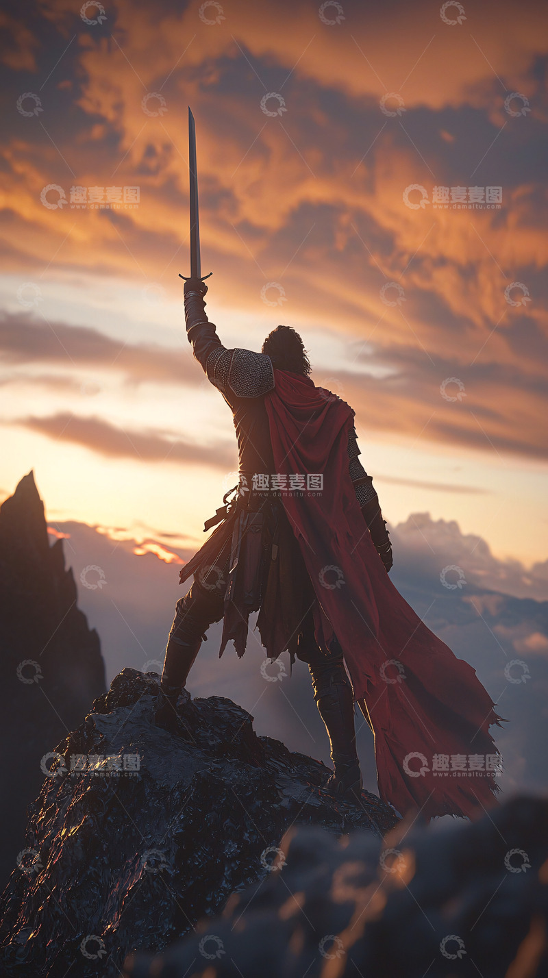 高清大图下载【趣麦麦图】战士举剑夕阳