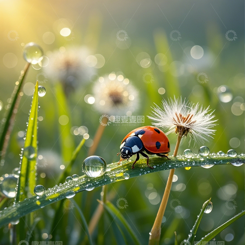高清大图下载【趣麦麦图】春天蒲公英七星瓢虫高清摄影