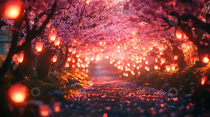 高清大图下载【趣麦麦图】樱花树下灯笼小路