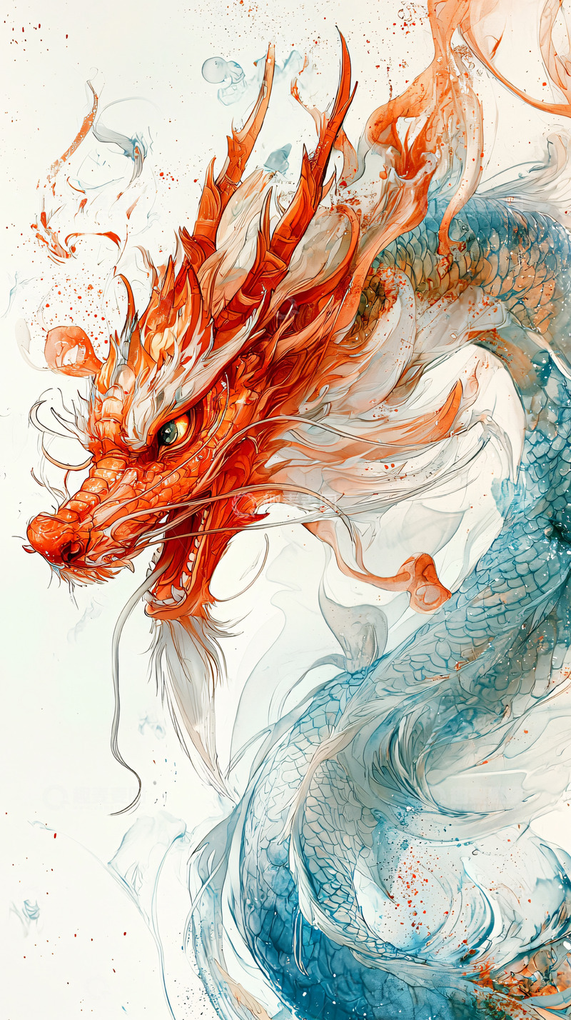 高清大图下载【趣麦麦图】红色与蓝色的水彩龙