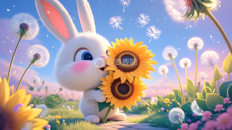 高清大图下载【趣麦麦图】粉蓝渐变色背景下的可爱卡通兔子6