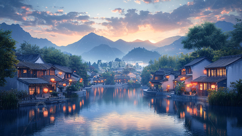高清大图下载【趣麦麦图】清晨山水古镇