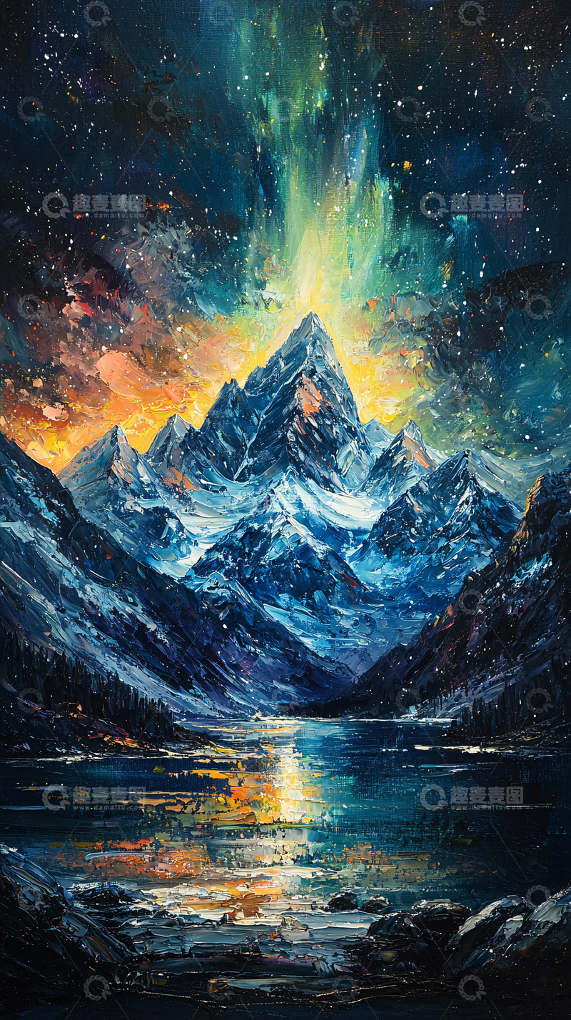 高清大图下载【趣麦麦图】极光山峰湖泊星空夜景