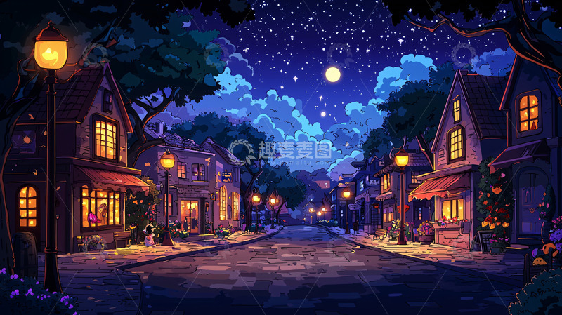 高清大图下载【趣麦麦图】夜晚小镇街景
