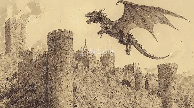 高清大图下载【趣麦麦图】飞龙盘旋古堡上空