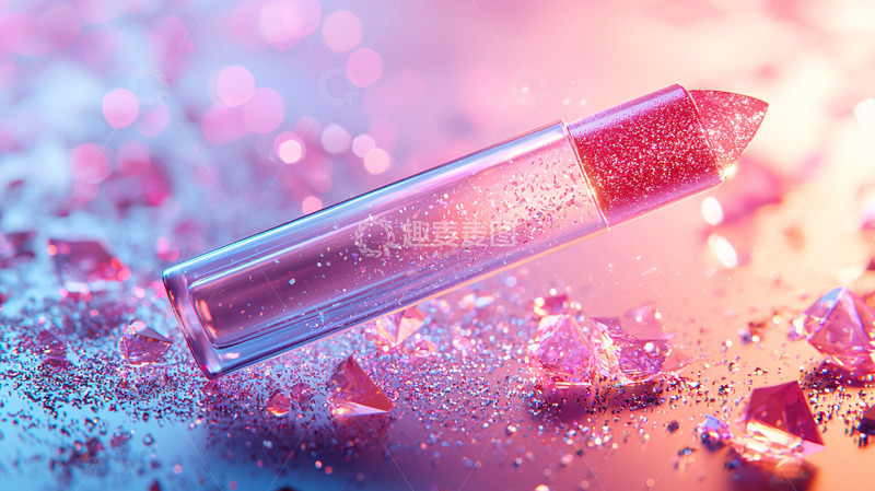 高清大图下载【趣麦麦图】闪亮口红与水晶碎片的粉色背景